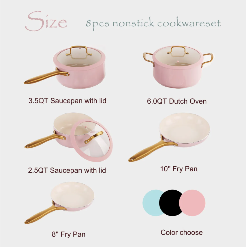 Pink Price 8PCS Non Stick Ceramic Coating Induction Bottom Aluminum Cookware