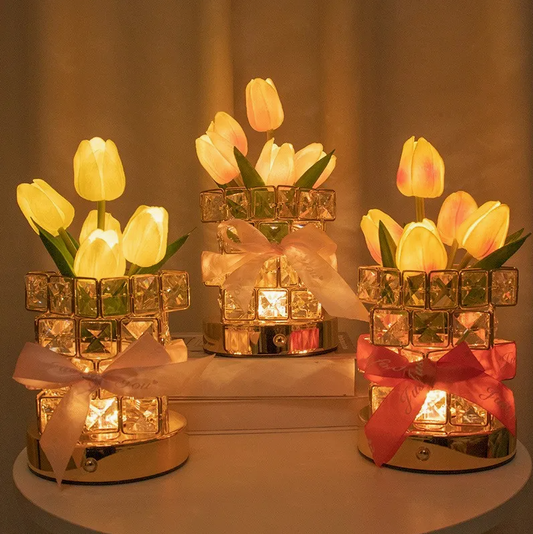 LED Ornament Tulip Cube Crystal Ambiance Lamp Tabletop Decoration Gift Table Light