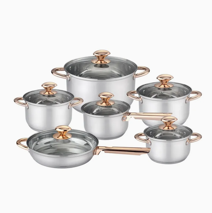 Premium 12-Piece Stainless Steel Cookware Set with Elegant Golden Handles