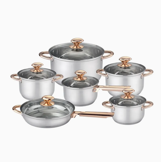 Premium 12-Piece Stainless Steel Cookware Set with Elegant Golden Handles
