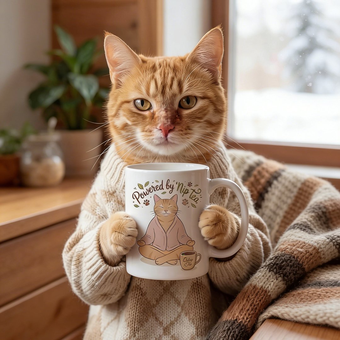 Powered by Nip Tea Cat Meditation 11oz Mug – Cute Zen Cat Coffee Cup for Cat Lovers