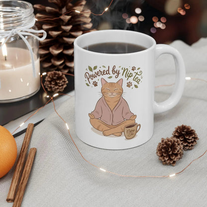Powered by Nip Tea Cat Meditation 11oz Mug – Cute Zen Cat Coffee Cup for Cat Lovers