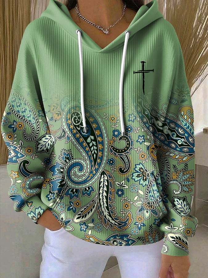 Women's Casual Paisley Contrasting Faith Texture Hoodie