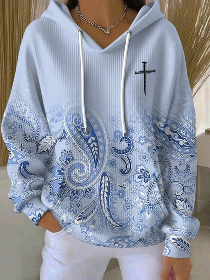 Women's Casual Paisley Contrasting Faith Texture Hoodie