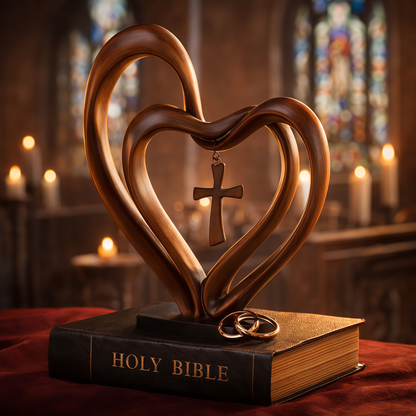 🌸Valentine's Day Hot Sale💖Marriage Takes Three – Entwined Heart & Cross Christian Wedding Sculpture