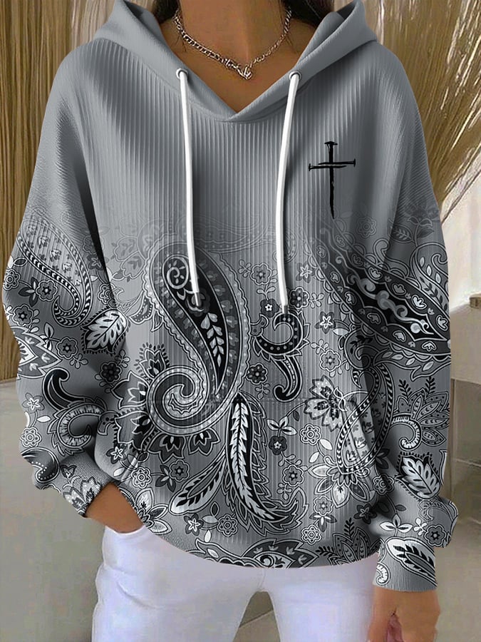 Women's Casual Paisley Contrasting Faith Texture Hoodie