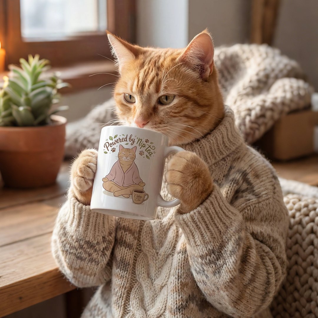 Powered by Nip Tea Cat Meditation 11oz Mug – Cute Zen Cat Coffee Cup for Cat Lovers