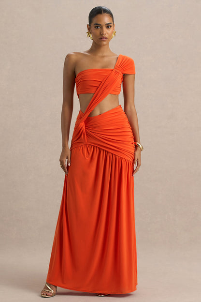 Orange Asymmetric Maxi Dress With Cut-Out Detail and Open-Back