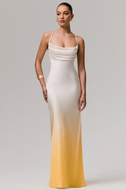 Yellow Ombre Satin Cowl-Neck Maxi Dress